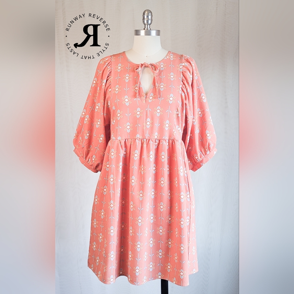 Michelle McDowell Coral Geometric 3/4 Length Sleeve Dress With Pockets - Size Sm